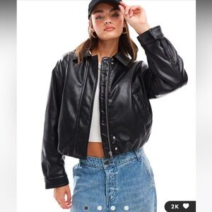 ASOS DESIGN clean leather look bomber jacket in black NWT